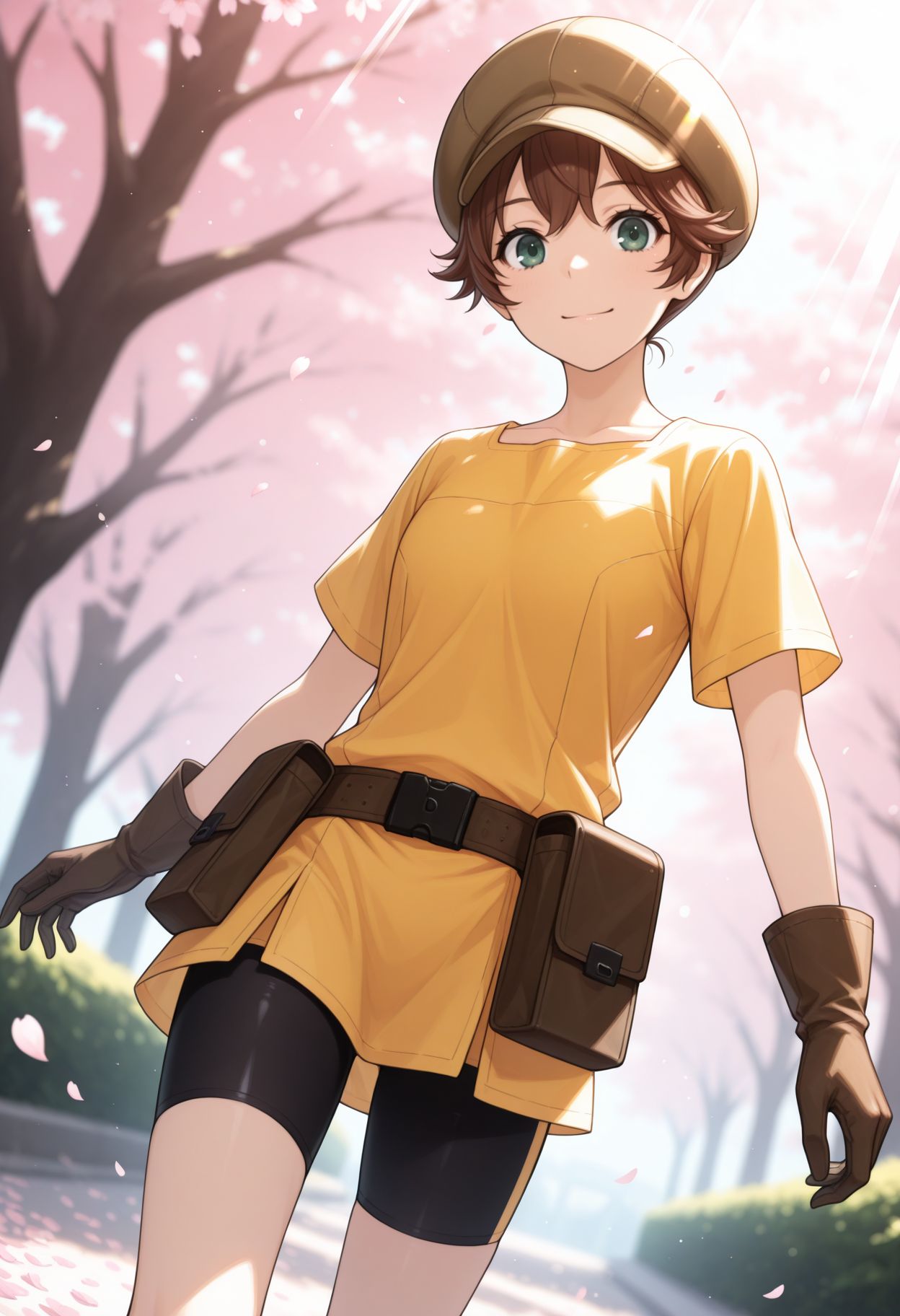 masterpiece,best quality,absurdres,highres,very aesthetic,high quality,detailed,insanely detailed,beautiful,perfect lighting, ,depth of field,blurry background,bokeh, looking at viewer, very aesthetic, , very awa, 
1girl happy, outdoors, petals, sakura trees, lens flare, sun rays, looking at viewer, dutch angle, dynamic pose,
, <lora:Yakumaru Itsuki illu:1> 1girl, short hair, brown hair, green eyes, cabbie hat, short sleeves, brown gloves, yellow shirt, bike shorts, pouch