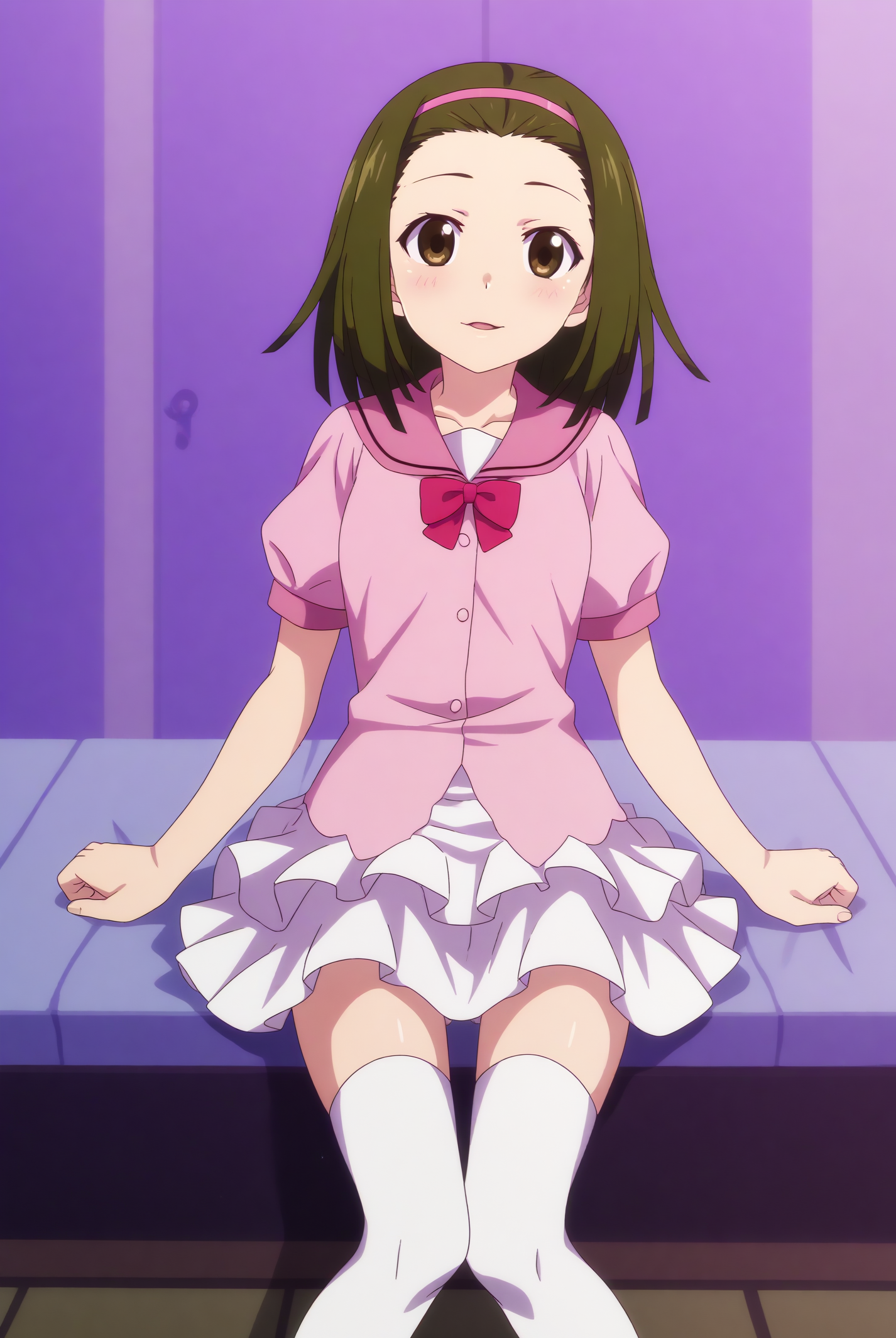 KomiNadeko, pink shirt, frilled skirt, white thighhighs, zettai ryouiki <lora:Monogatari-KomiNadeko-PDXL:0.8>