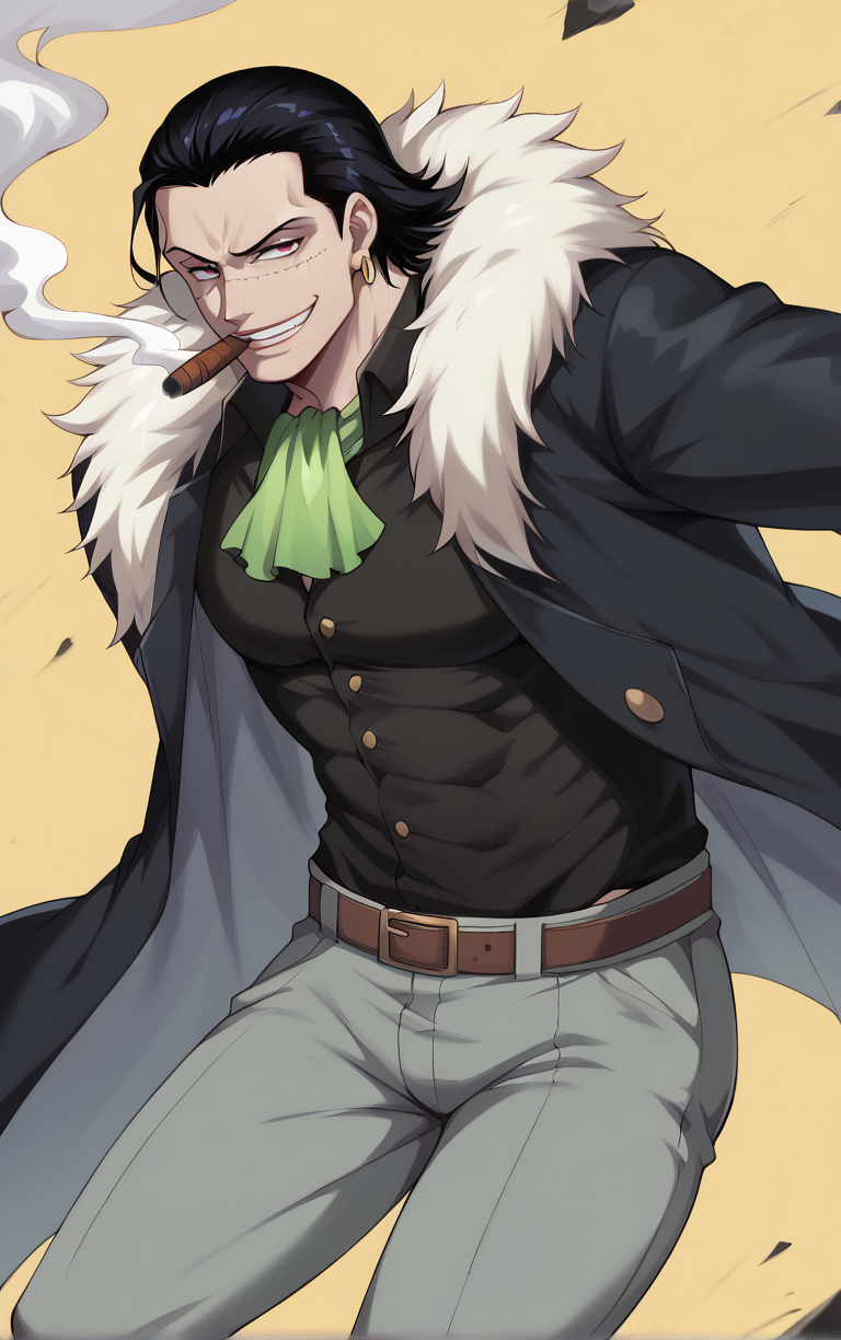 score_9, score_8_up, score_7_up, looking at viewer,  BREAK
MarineFord_Crocodile_ownwaifu, 
1boy, black eyes, black hair, hair slicked back, hook, male focus, scar on face, single earring, smoking, scar, jewelry, earrings, smile, stitches, teeth, short hair, long hair, cigarette, evil smile, 
black coat, black shirt, cigar, fur trim, green ascot, grey pants, fur coat, ascot, belt, pants, coat, coat on shoulders, shirt, cape, fur-trimmed coat, long sleeves, vest
(fighting stance, cowboy shot), yellow background, simple background, debris, <lora:PONYXL_Pre_ONEPIECE_Crocodile_ownwaifu:0.7>, depth of field, solo, Interesting Image, Captivating Image,