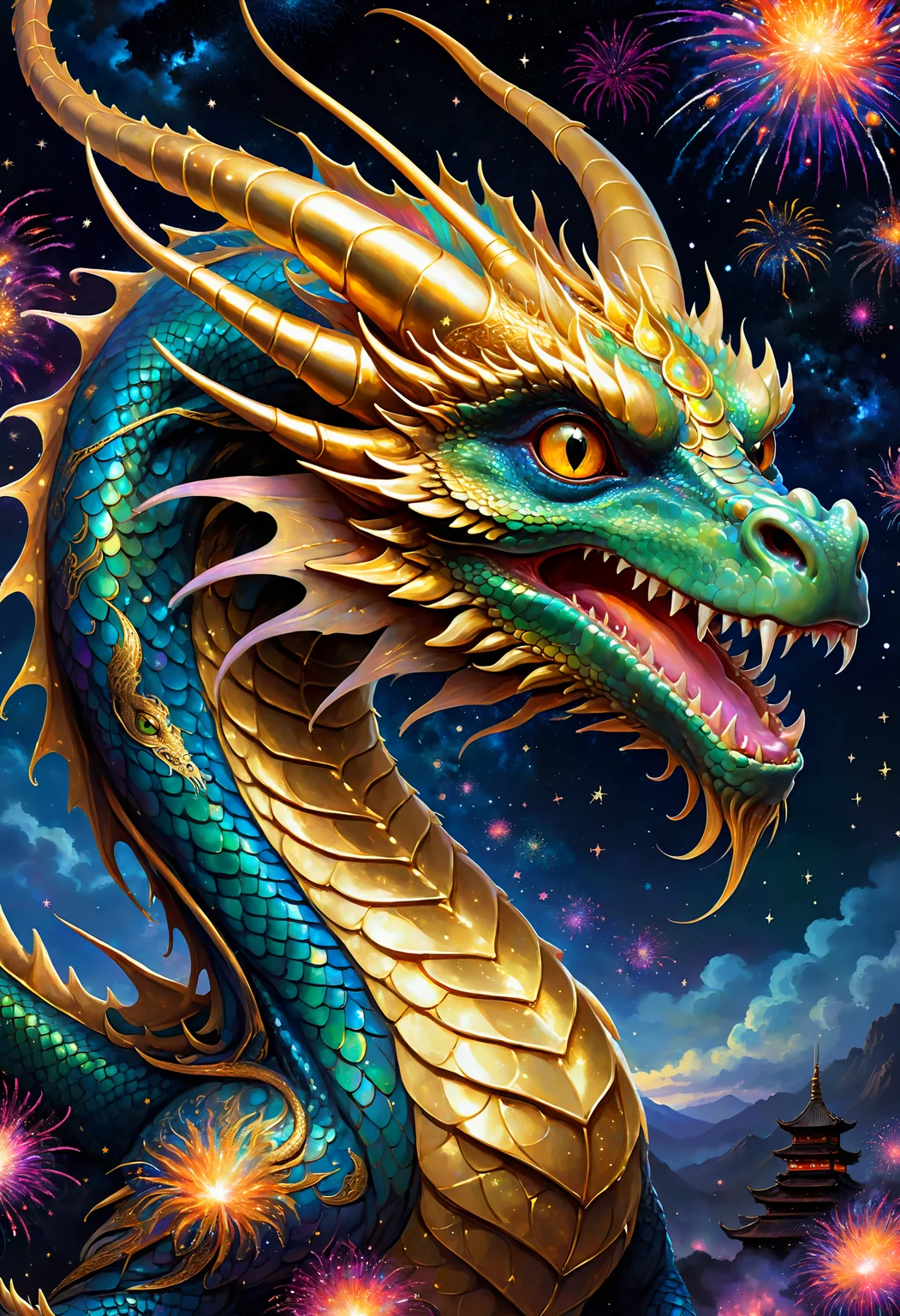 detailed asian painting, an adorable baby eastern dragon flying in the sky full of fireworks, ,extremely detailed, beautiful eyes, sparkling, night time, fantasy art, dark fantasy, dragon breathing fireworks,starry sky filled with fireworks, extremely detailed multicolored iridescent scales  entered in Perfect Composition, Complex Details Showing Unique and Enchanting Elements, Very Detailed Digital Painting, Golden Ratio, Dramatic Lighting, Very Realistic 
 <lora:SDXLFaeTastic2400:0.5>
