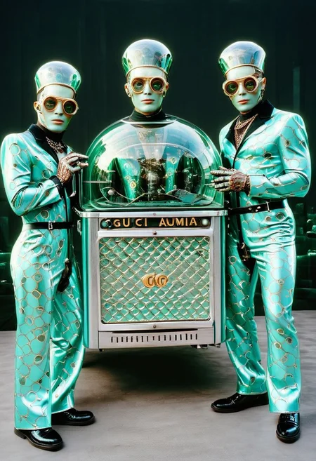 An incredible award winning experimental cinematic still, Three brave men with bell jars for gigantic heads, they have huge freakish eyes, wearing delightful stylish jumpsuits by Gucci, posing in front of a stylish futuristic lowrider hoover car with etched uranium glass windows, 1970s science fiction, dramatic cinematic moody lighting, full soft offset printing, psychedelic trip, cursed image, masterpiece, museum quality, Robert Rauschenberg rococo Style, RococoPunkAI