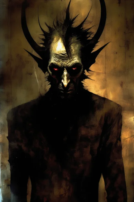 <lora:Dave McKean Style:1>Dave McKean Style - The CORINTHIAN Daemon character Dramatic dynamic portrait Dave McKean Art Style eerie atmosphere Grimdark gritty texture