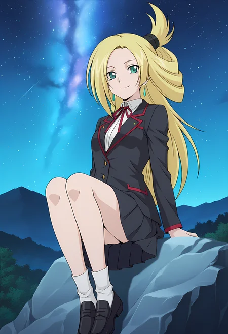 masterpiece,best quality,amazing quality,
1girl, solo,
Kourin Tatsunagi (Cardfight Vanguard), long hair, blonde hair, green eyes, school uniform, jewelry, earrings, neck ribbon, white shirt, blazer, long sleeves, pleated skirt, white socks, shoes, black footwear,
looking at viewer, smile,
cinematic,
Sit, leaning back, with two arms,
bloom, night, at mountain, greenery, galaxy sky,
Official style, anime screencap, anime coloring,