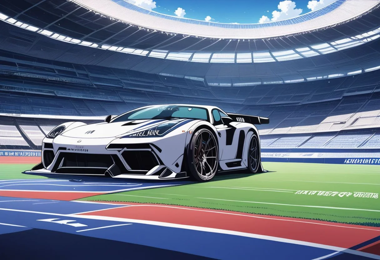 score_9, score_8_up, score_7_up, source_anime, rating_safe, stadium, racetrack, sports car, vehicle focus, detailed background, 2d, scr33nc@p