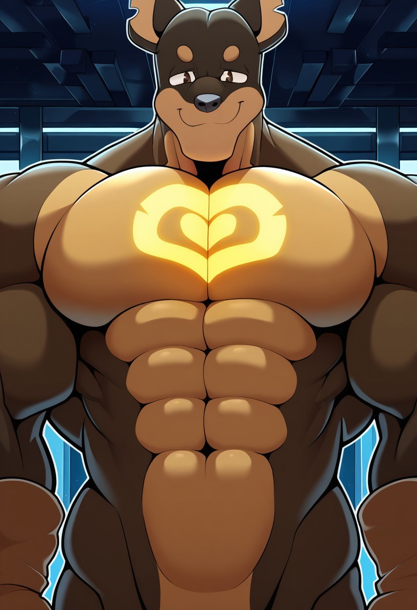 BREAK masterpiece, amazing quality, best quality, high res, HD, 8K, intricate detail, Extremely detailed, detailed eyes, solo, male focus, beautiful, very aesthetic, cinematic lighting, beautiful vibrant colors, furry male, furry, <lora:ShockwaveV1:1>, Shockwave, doberman, brown fur, chest tattoo, brown eyes, short tail, muscular, athletic build, large pectoral, long torso, narrow waist, narrow hips, brown body suit, brown gloves, face focus, upper body, portrait, smile