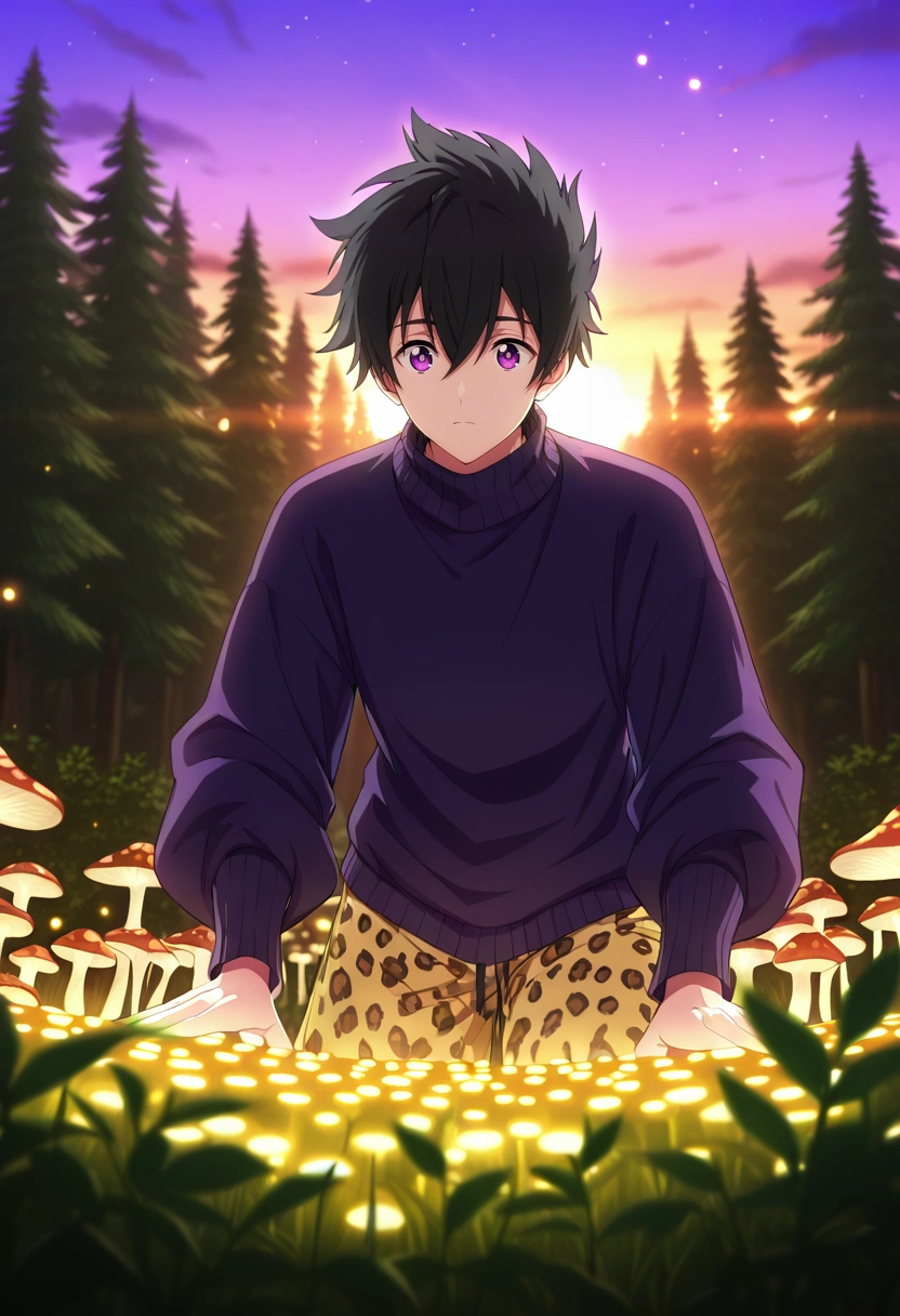 masterpiece, best quality, intricate details, (3d:0.4),, 1boy, solo, male focus, <lora:ryuunosuke_minakata_ilxl:0.94>, ryuunosuke_minakata, black hair, purple eyes, short hair, bangs, hair between eyes, enchanted forest, glowing plants, fairy lights, mushroom circles, exploring pose, wonder expression, twilight, Leopard print Seersucker Teal Bermuda shorts, Orange Moire Turtleneck sweater, , ,