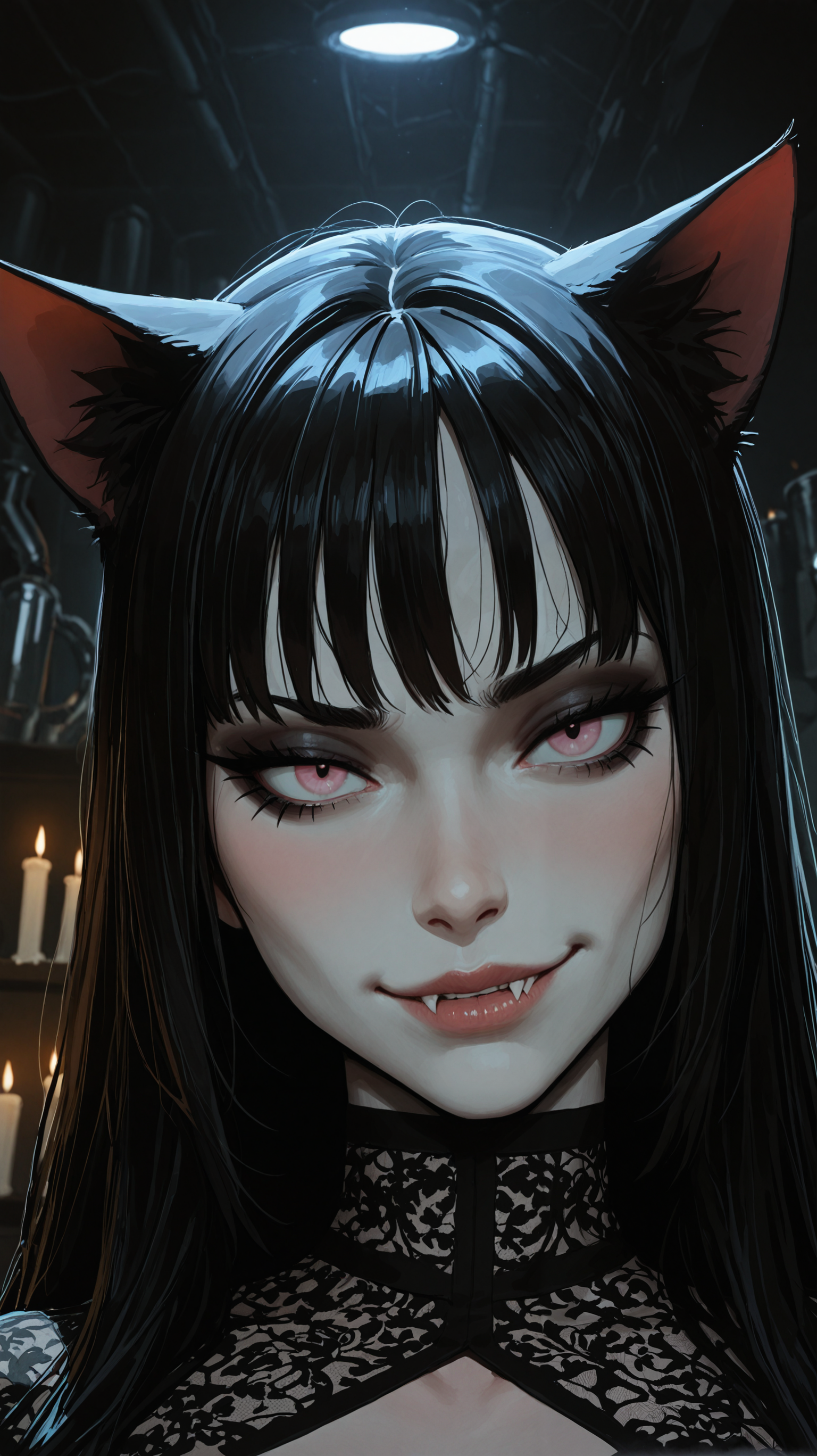 masterpiece, best quality, very aesthetic,amazing quality,ultra-detailed,8K,illustration, absurdres,detailed_skin,artist: incase,
BREAK,
petite, pale_skin, fangs, pink_eyes,long_hair, black_hair, cat_ears, tight lace dress,  (portrait), smirk, sitting, gothic makeup, eyeliner, black lips, looking_at_viewer, 
 
BREAK,
realistic background,laboratory,night, candles, close-up, hard light, 