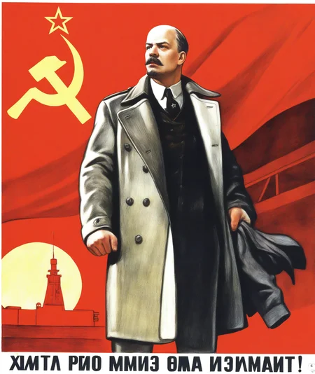 s-o, solo, shirt, long sleeves, 1boy, hat, holding, standing, jacket, white shirt, necktie, collared shirt, pants, dark skin, star \(symbol\), vest, russian text, coat, facial hair, traditional media, parody, formal, suit, black necktie, beard, headwear removed, hat removed, mustache, red flag, bald, manly, trench coat, grey coat, hammer and sickle, soviet, lenin, male, hammer and sickle, star \(symbol\), factory, 1917, realistic,
masterpiece, absurdres,
<lora:CCCPposter-NOOB-VPRED1.0-7:1>