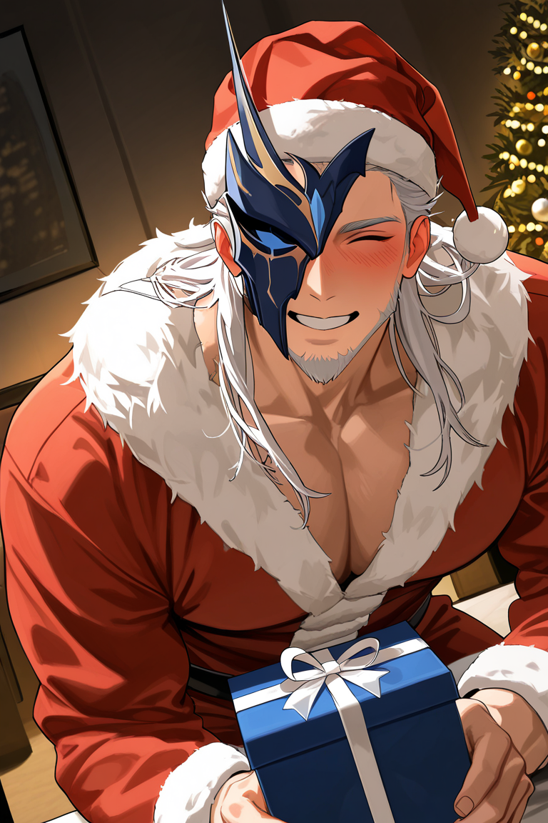 realistic shading, dark environment, dim lighting, cute, expressive face, happily looking at viewer, pierrogi, white_pierrogi_facial hair, white_pierrogi_long hair, black-blue-gold_pierrogi_one eye mask, closed eyes, manly, 1boy, grin, teeth, blush, leaning forward, holding gift box, santa claus cosplay, red head wear, fur-trimmed long sleeves, dark cold interiors, christmas ornaments, christmas tree, living room, dutch angle, dynamic angle, depth of field, atmospheric perspective, intricately detailed illustration, masterpiece, best quality, amazing quality, very aesthetic, absurdres, newest