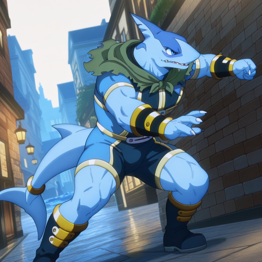 masterpiece, best quality, amazing quality, Arabaslfil, anthro, male, shark, blue skin, head fin, blue eyes,  gold trimmed blue bodysuit, gold armbands, gold trimmed dark blue bracers, gold trimmed dark blue boots, green capelet, gold tail ring, fighting stance, 1boy, city street, solo, <lora:6d8b5157-8f7e-46e0-ae01-aaaaba4c4cb4:1.0>