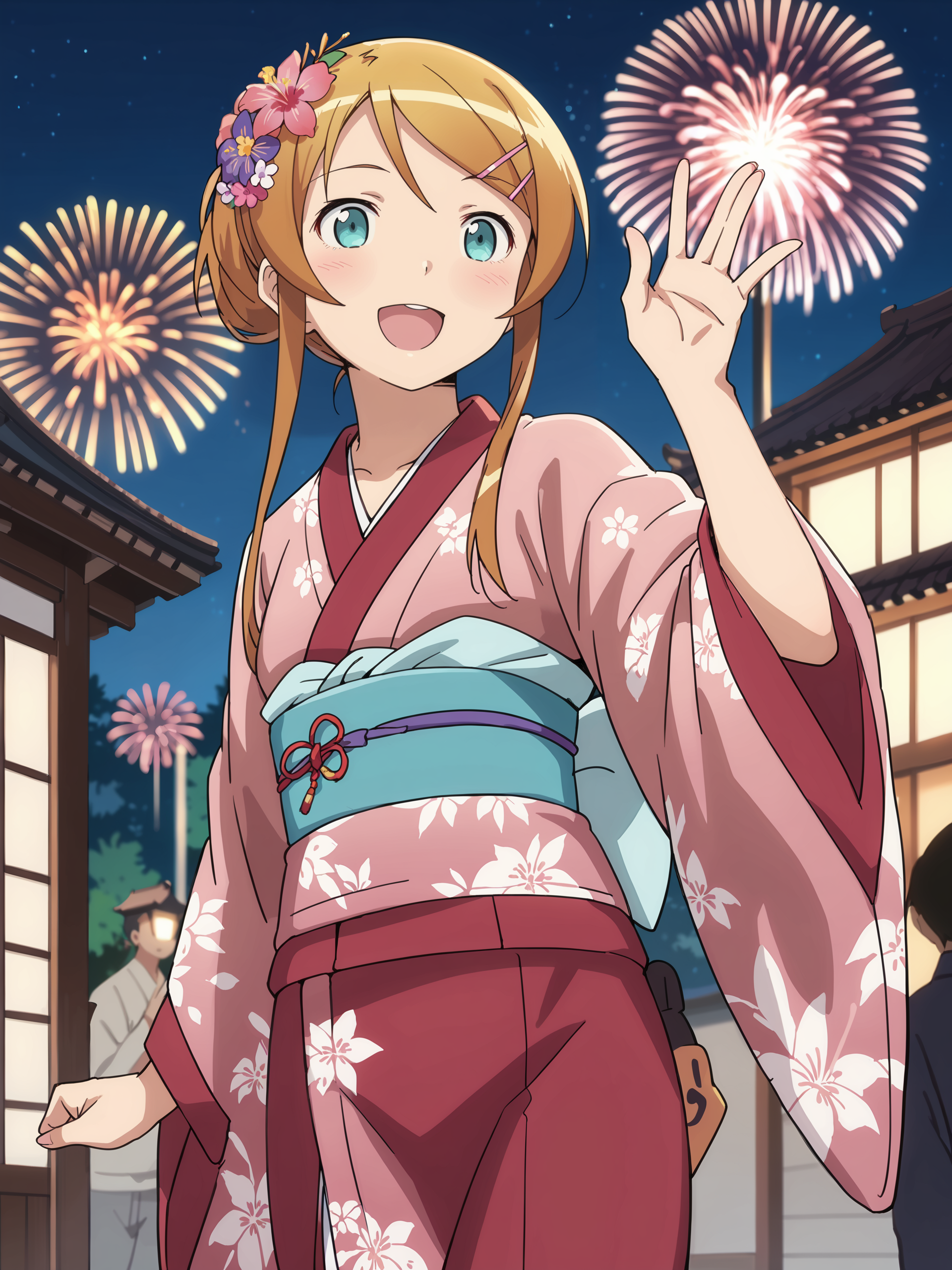 score_9, score_8_up, score_7_up, source_anime, ray tracing, best quality, anime screenshot, anime coloring,  <lora:Char-Kousaka_Kirino-V1-Pony:0.9:hr=0.6>, 1girl, kousaka kirino, hair clip, solo, kimono, hair flower, obi, sash, tabi, standing, cowboy shot, holding fireworks, smile, open mouth, night, outdoors, blurry background