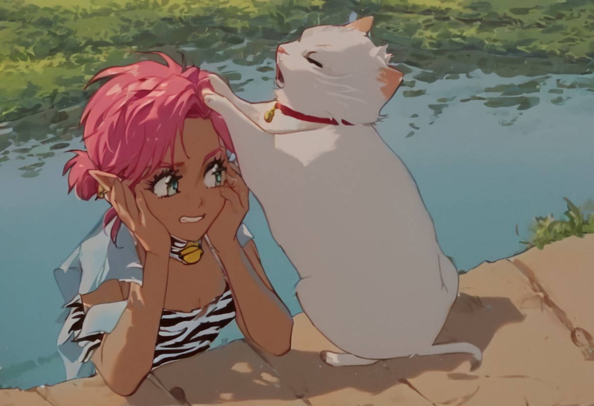 score_9, score_8_up, score_7_up, score_6_up, Masterpiece, source_anime screenshot, duo, 1 girl, 1 boy, vivid colors, retro anime style, high-res, beautiful aesthetic, very intricate, high-quality details, vibrant, highly detailed, award-winning, professional, <lora:pink-ponyxl-v2:1>, sleeveless dress, white tiger print dress, pelvic curtain, cleavage, white cat ears, cat bell necklace, bright pink hair, tanned, white tiger tail, red sash, small breasts, leather shoes, detailed eyes, green eyes, detailed face, BREAK score_9, score_8_up, score_7_up, score_6_up, Masterpiece, source_anime, anime style, 1 girl, 1 boy, vivid colors, retro anime style, high-res, beautiful aesthetic, very intricate, high-quality details, vibrant, highly detailed, award-winning, professional, <lora:link:0.8> link1, link, pointy ears, blonde hair, blue eyes, medium hair, side locks, earrings, short ponytail, blue hylian tunic
Break
Walking path near a lake, bright sunny day, pink and link cover their ears with their hands in agony, eyes closed, teeth gritting, covering ears, in agony, hands over ears, grabbing head, pained expressions, hands on side of head, covering ears with hands, covering ears from loud noise, exaggerated pained expressions