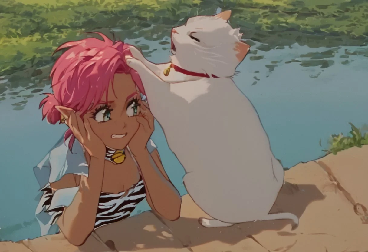 score_9, score_8_up, score_7_up, score_6_up, Masterpiece, source_anime screenshot, duo, 1 girl, 1 boy, vivid colors, retro anime style, high-res, beautiful aesthetic, very intricate, high-quality details, vibrant, highly detailed, award-winning, professional, <lora:pink-ponyxl-v2:1>, sleeveless dress, white tiger print dress, pelvic curtain, cleavage, white cat ears, cat bell necklace, bright pink hair, tanned, white tiger tail, red sash, small breasts, leather shoes, detailed eyes, green eyes, detailed face, BREAK score_9, score_8_up, score_7_up, score_6_up, Masterpiece, source_anime, anime style, 1 girl, 1 boy, vivid colors, retro anime style, high-res, beautiful aesthetic, very intricate, high-quality details, vibrant, highly detailed, award-winning, professional, <lora:link:0.8> link1, link, pointy ears, blonde hair, blue eyes, medium hair, side locks, earrings, short ponytail, blue hylian tunic
Break
Walking path near a lake, bright sunny day, pink and link cover their ears with their hands in agony, eyes closed, teeth gritting, covering ears, in agony, hands over ears, grabbing head, pained expressions, hands on side of head, covering ears with hands, covering ears from loud noise, exaggerated pained expressions