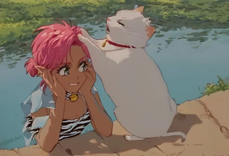 score_9, score_8_up, score_7_up, score_6_up, Masterpiece, source_anime screenshot, duo, 1 girl, 1 boy, vivid colors, retro anime style, high-res, beautiful aesthetic, very intricate, high-quality details, vibrant, highly detailed, award-winning, professional, <lora:pink-ponyxl-v2:1>, sleeveless dress, white tiger print dress, pelvic curtain, cleavage, white cat ears, cat bell necklace, bright pink hair, tanned, white tiger tail, red sash, small breasts, leather shoes, detailed eyes, green eyes, detailed face, BREAK score_9, score_8_up, score_7_up, score_6_up, Masterpiece, source_anime, anime style, 1 girl, 1 boy, vivid colors, retro anime style, high-res, beautiful aesthetic, very intricate, high-quality details, vibrant, highly detailed, award-winning, professional, <lora:link:0.8> link1, link, pointy ears, blonde hair, blue eyes, medium hair, side locks, earrings, short ponytail, blue hylian tunic
Break
Walking path near a lake, bright sunny day, pink and link cover their ears with their hands in agony, eyes closed, teeth gritting, covering ears, in agony, hands over ears, grabbing head, pained expressions, hands on side of head, covering ears with hands, covering ears from loud noise, exaggerated pained expressions