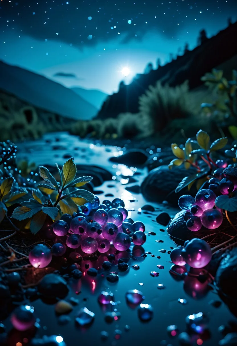 (8k analog nature photography:1.2), Night, Darkness, 
(a beautiful landscape:1.1) with a river in the distance,
shiny sapphire (crystal:1.2) berries ,
<lora:Bio-Luminescence:1> bioluminescent