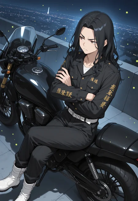 masterpiece, best quality, newest, absurdres, very aesthetic, highres, perspective, TRbaji, 1boy, male focus, black hair, long hair, curtained hair, wavy hair, brown eyes, black collared shirt, long sleeves, kanji, white belt, black pants, pants tucked in, white boots, dutch angle, from above, leaning against black motorcycle, crossed arms, crossed legs, looking away, annoyed, closed mouth, night, tokyo, city light, many fireflies