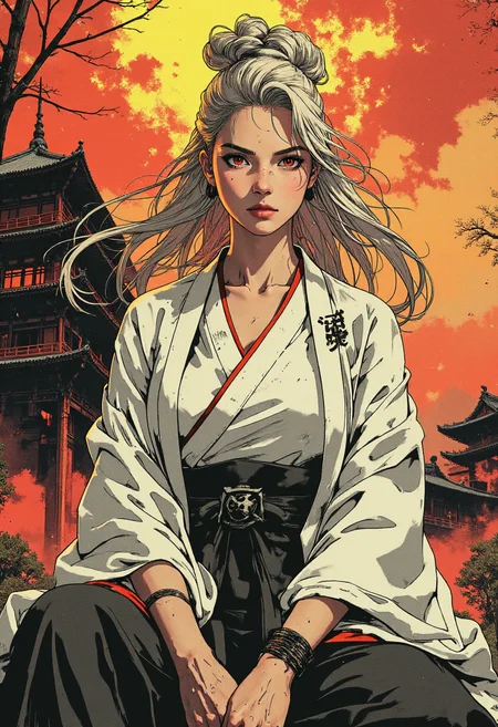 (Ink Style, A stunning illustration in high-quality anime style, stunningly beautiful and cool female samurai, wearing white kimono, her silky-like silver hair flowing the wind, crimson red eyes burn deeply, her gaze piercing like an arrow. sitting with confidently and cool expression, antique japanese temple on her background, extemely detailed, masterpiece, hig quality ), <lora:CPA:0.6>, <lora:Luminous_Shadowscape:0.8>, <lora:9mix:0.6>, <lora:RetroAnimeFluxV1:0.6>