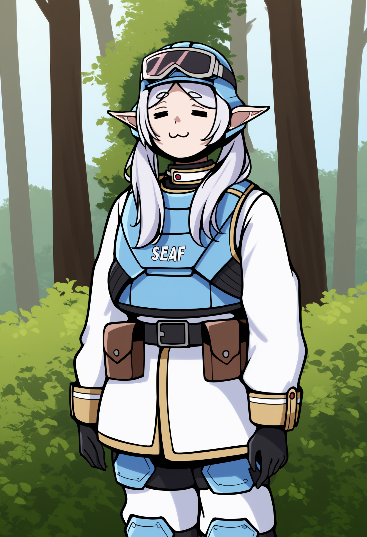newest, solo, 1girl, (frieren:0.8), :3, standing, arms at sides, white hair, twintails, blue headwear, combat helmet, goggles on headwear, pointy ears, = =, thick eyebrows, white jacket, long sleeves, blue vest, bulletproof vest, black gloves, white pants, knee pads, outdoors, day, forest, tree, bush
<segment:yolo-Anzhc Face seg 640 v3 y11n.pt,0.5,1//cid=11>