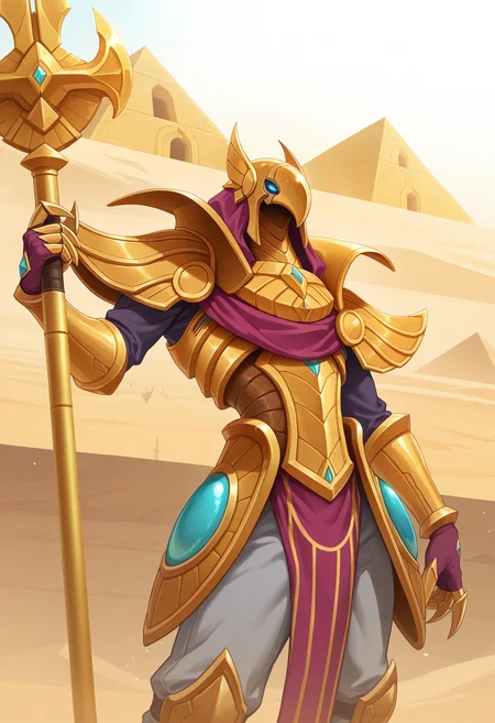 masterpiece, best quality, amazing quality, very aesthetic, absurdres,
1boy, azir, helmet, male focus, armor, shoulder armor, armor, solo, gauntlets, claws, blue eyes, grey fur, pants, leg armor, glowing eyes, cloak, standing, holding polearm, outside, egypt, from below, looking at viewer, (from side:0.8), pyramid, cowboy shot, <lora:Azir_IL:0.5>