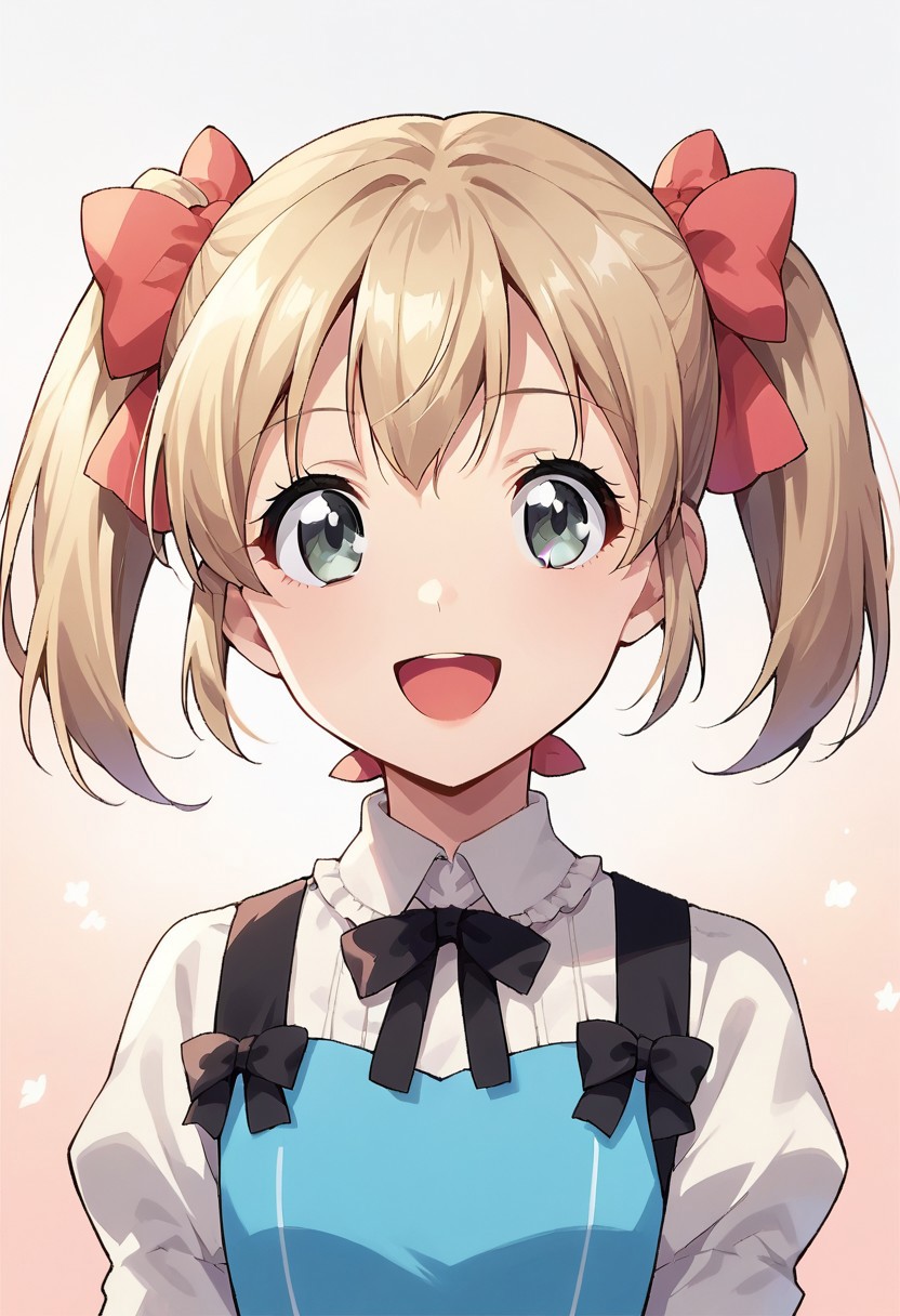 score_9, score_8_up, score_7_up, source_anime,latina, 1girl, solo, smile, short hair, open mouth, blonde hair, dress, bow, ribbon, twintails, :d, hair bow,grey eyes