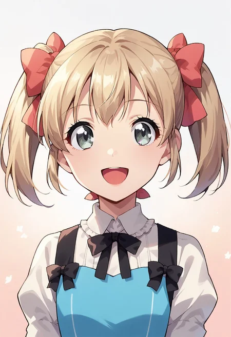score_9, score_8_up, score_7_up, source_anime,latina, 1girl, solo, smile, short hair, open mouth, blonde hair, dress, bow, ribbon, twintails, :d, hair bow,grey eyes