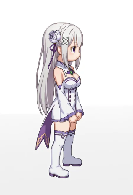 score_9, score_8_up, score_7_up, source_anime,
BREAK
<lora:shiSpriteV3:1.0>, rightwalkleft, chibi, full body, from side, facing to the side,
no mouth, medium breasts,
simple background, white background,
1girl, solo, anime screencap, anime coloring,
<lora:shiEmiliaV2:1> shimilia, long hair, grey hair, purple eyes, pointy ears, hair flower, purple ribbon, x hair ornament,
white dress, bare shoulders, wide sleeves, white thighhighs, thigh boots,
