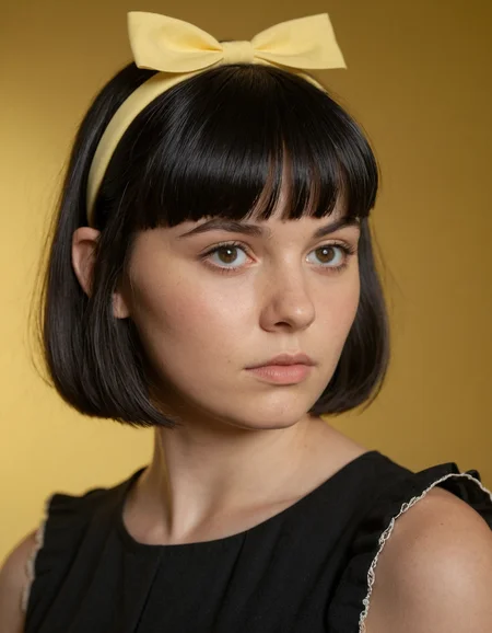 portrait, masterpiece, 4k, ray tracing, intricate details, highly-detailed, hyper-realistic, 8k RAW Editorial Photo.
1girl, solo, blush, short hair, simple background, shirt, black hair, dress, bow, closed mouth, upper body, hair bow, hairband, blunt bangs, black dress, black eyes, black shirt, looking to the side, bob cut, yellow background, yellow bow, pinafore dress, yellow hairband, Flatline,
cinematic light, dramatic light, shallow depth of field, high budget, bokeh, cinemascope, film grain,