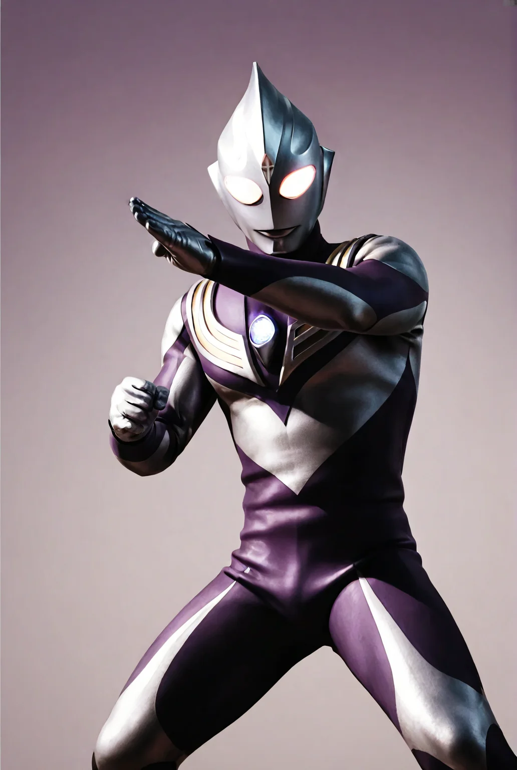 score_9,score_8_up,score_7_up,best quality,ultra-detailed,high resolution,digital painting,8k,1boy,solo,cowboy shot,male focus,bara,detailed face,2d,front view,alien,tokusatsu,bodysuit,glowing eyes,tiga sky type,dark purple bodysuit, fighting stance, light, glowing body, simple background,<lora:add-detail-xl:1>,<lora:Ultraman Tiga:0.8>,