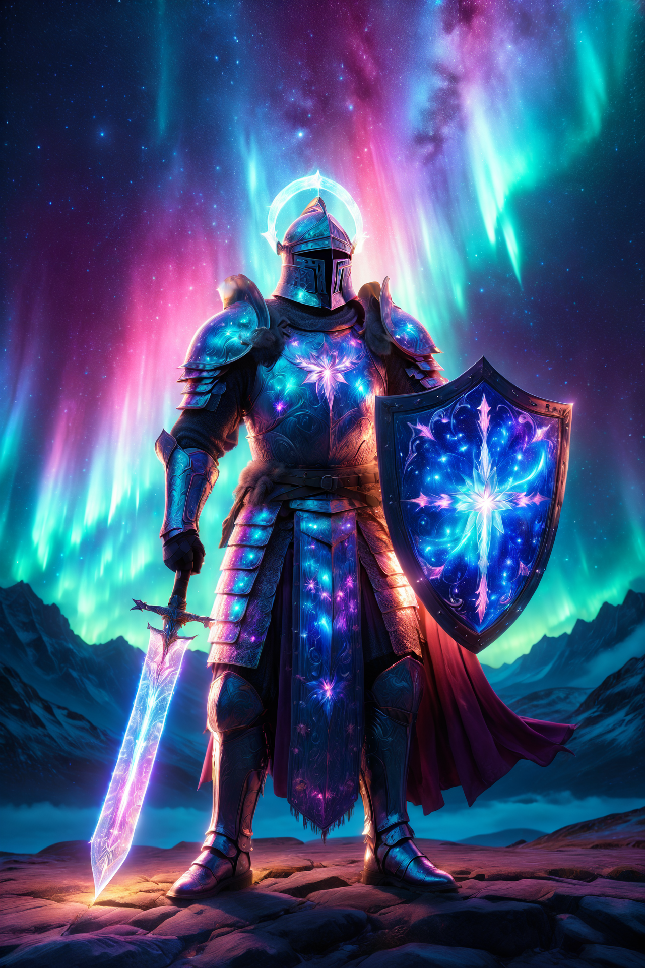 holy paladin with glowing shield, morph-aurora, starry night with twinkling stars, detailed background, best quality, vibrant colors, realistic style, high detail, hyper-realistic, highres, 4K resolution, realistic photo, masterpiece, ultra-detailed, northern glow, blues and pinks, ethereal glow, wide shot, <lora:add-detail-xl:1> <lora:aurora_0_100_V1-000009:0.65>