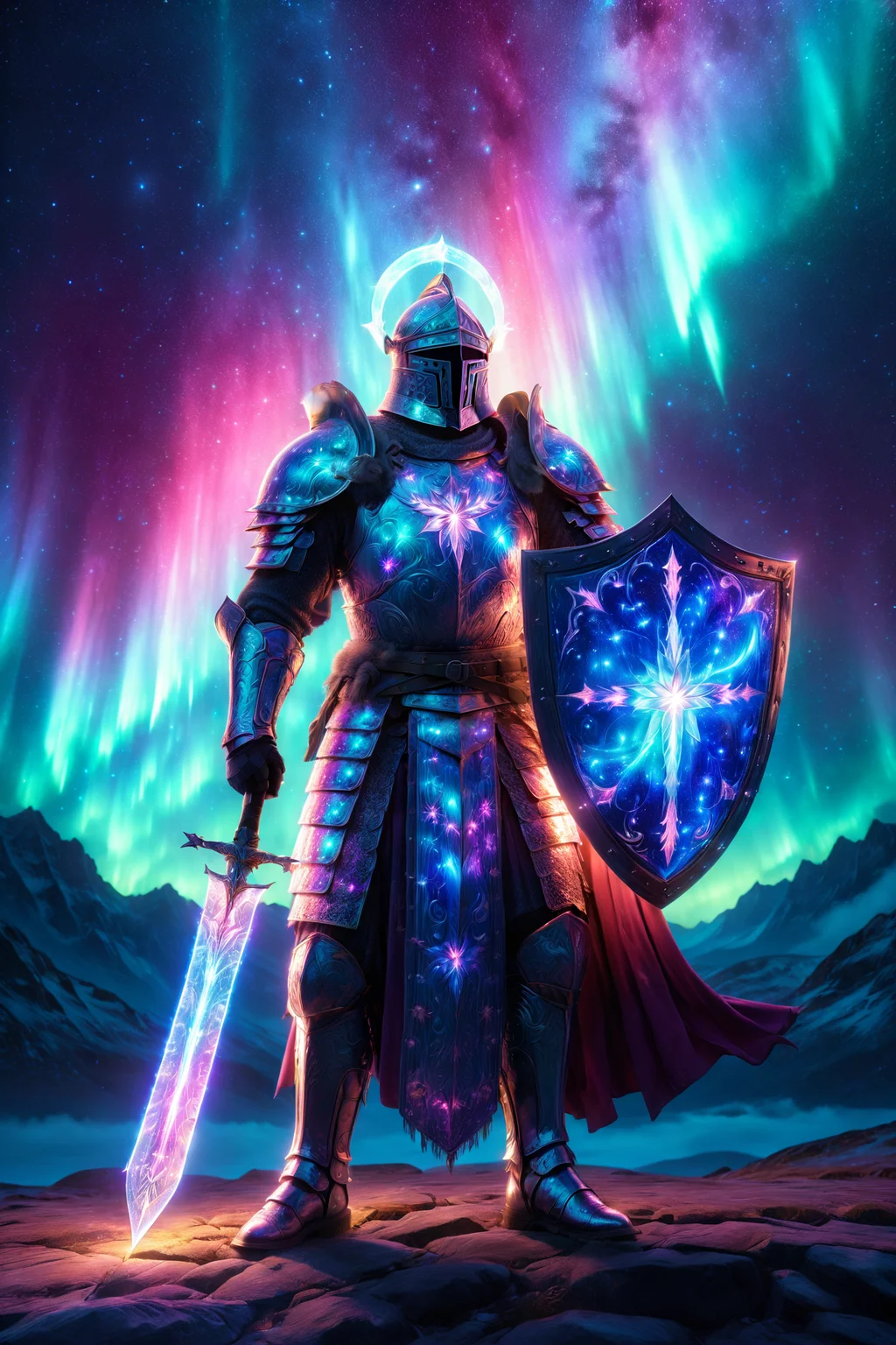 holy paladin with glowing shield, morph-aurora, starry night with twinkling stars, detailed background, best quality, vibrant colors, realistic style, high detail, hyper-realistic, highres, 4K resolution, realistic photo, masterpiece, ultra-detailed, northern glow, blues and pinks, ethereal glow, wide shot, <lora:add-detail-xl:1> <lora:aurora_0_100_V1-000009:0.65>