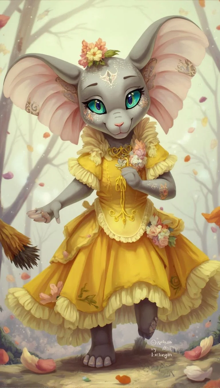 <lora:ck-LttleGhost-000011.safetensors:1> in the style of ck-lttlegh0stA majestic elephant is depicted in a vivid yellow gown with frills and intricate patterns on the ears, adorned with a small, flower-encrusted hat. It stands against a mystical background of pastel-colored petals, exuding an air of innocence and wonder.