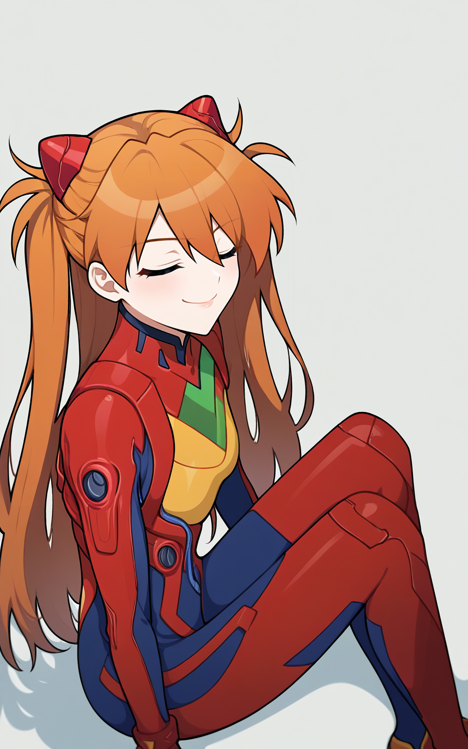 source_anime, score_9, highres, digital artwork, 2024 BREAK
<lora:YanWan v1 0 - Pony:1>
1girl, solo, sitting, souryuu asuka langley, orange hair, long hair, straight hair, hair ornament closed eyes, looking away, smile, red plugsuit, white background, simple background,