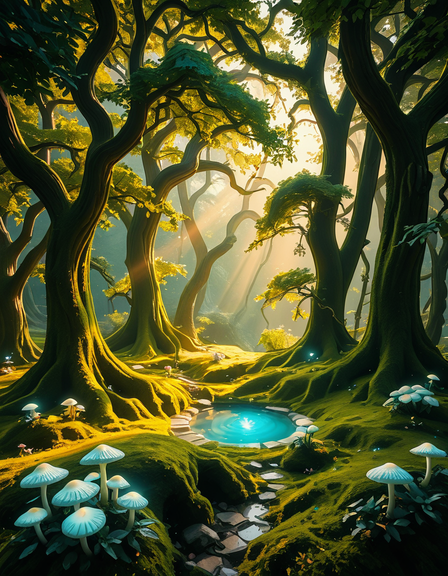 A mystical enchanted forest bathed in a soft, ethereal glow. Towering ancient trees with twisted roots and bioluminescent moss create a dreamlike atmosphere. The air is filled with a faint, magical mist that swirls gently around vibrant, oversized mushrooms and glowing blue and purple flowers. Delicate fireflies and tiny floating orbs of light hover in the air, illuminating the dense foliage with a magical shimmer. A narrow, winding path covered in soft moss leads deeper into the mysterious woodland, where faint beams of golden sunlight filter through the thick canopy, casting intricate patterns on the forest floor. The colors are rich and vibrant, with deep emerald greens, soft blues, and glowing purples creating a surreal and otherworldly ambiance. The scene is highly detailed and photorealistic, capturing the textures of the moss-covered tree trunks, the luminescent flora, and the misty, dreamlike atmosphere of the enchanted forest.
<lora:SDXLFaeTastic2400:0.4> <lora:extremely_detailed:0.4> extremely detailed,<lora:3nch4nt3d_f0r3st-ill:1>,3nch4nt3d f0r3st, Masterpiece,best quality,hi res,8k,hi res,8k,award winning,(sharp focus, intricate, highly detailed),