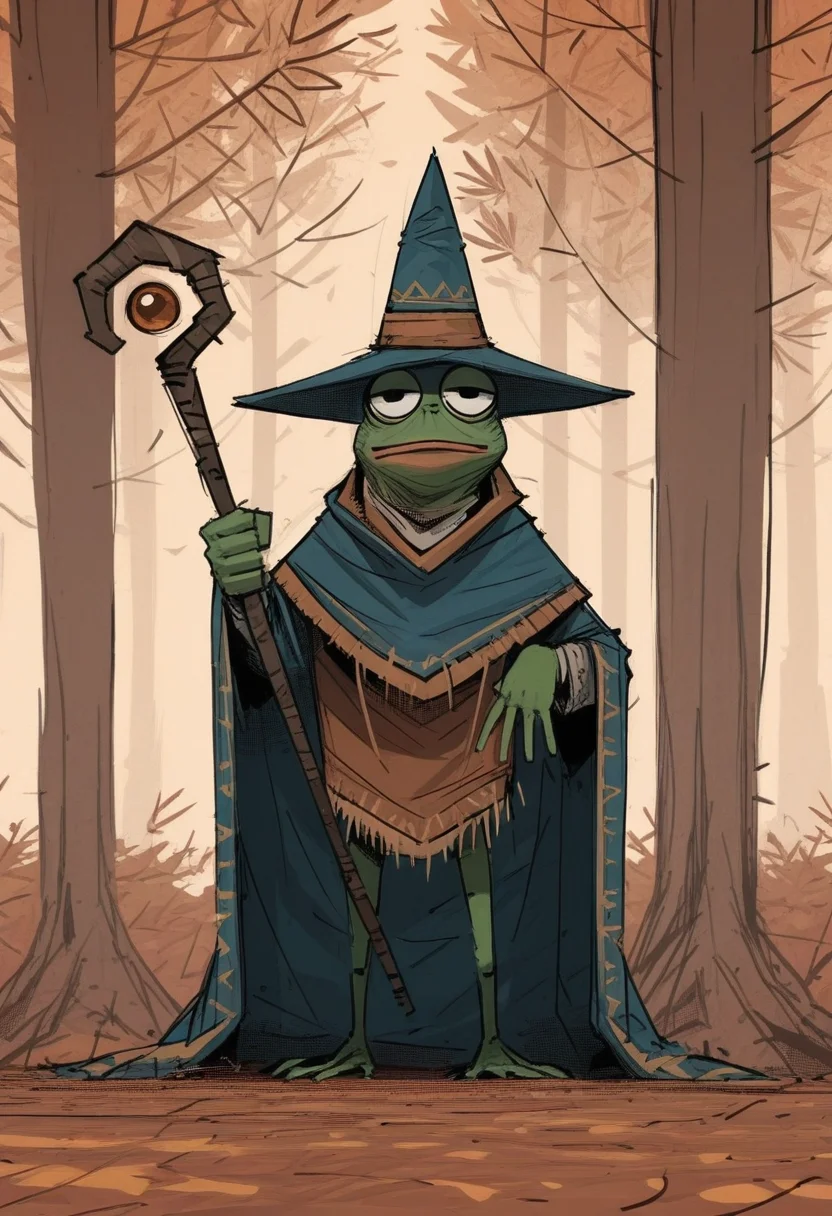 a13xstyle, sketch, masterpiece, best quality, solo, pepe the frog, autumn tree background, battle pose, (detailed body), big eyes, shiny skin, green skin, wizard hat, wizard outfit, holding magical wizard staff,