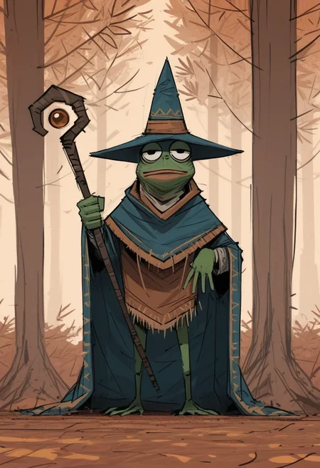 a13xstyle, sketch, masterpiece, best quality, solo, pepe the frog, autumn tree background, battle pose, (detailed body), big eyes, shiny skin, green skin, wizard hat, wizard outfit, holding magical wizard staff,