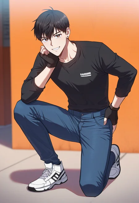 masterpiece, best quality, amazing quality,high resolution, intricate details,official style,depth of field , , , , 1boy, solo, male focus,  <lora:han_yoojin:0.74>,han yoojin,black hair,short hair,brown eyes,stud earring,looking at viewer, smile, shirt, long sleeves, gloves,full body, shoes, black gloves, pants, fingerless gloves, grin, black shirt, hand on own hip, white footwear, denim, sneakers, jeans, on one knee