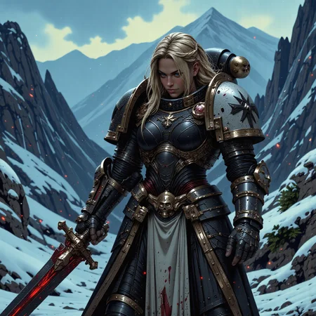 An atmospheric dark fantasy artwork depicts a powerful Viking warrior, a female figure clad in intricate Vikingpunk power armor armor, as she takes a moment of respite in a snowy mountain landscape. With her head bowed, her blonde hair cascades over her face, concealing her expression. She wields a mighty sword, its dark steel stained with the blood of her fallen foes, evident in the crimson snow around her. This classical-style painting captures a cinematic moment, showcasing the beauty and strength of a warrior amidst a harsh and unforgiving environment, leaving viewers captivated by her resilience and the untold stories of her journey. <lora:scifi/fluxVikingPunk_v1:0.4>, <lora:flux/FluxMythP0rtr4itStyle:0.8>, mythp0rt,<lora:scifi/FluxBlackT40k:0.8>, blackt40k,<lora:flux/Herbst_Photo_35mm v2>, herbstphoto,