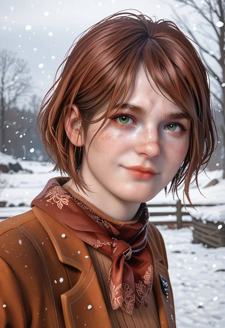 score_9, score_8_up, score_7_up, score_6_up
<lora:TLOU2Ellie:0.8>
TLOU2Ellie, <lora:RE4RAshley:0.8>
RE4Ashley, 1girl, red hair, short haircut, bob haircut, green eyes, looking at viewer, cute face, pretty face, beautiful face, pretty smile portrait, smirk, cowboy uniform, looking at viewer, standing in a field, snow falling, cold weather,