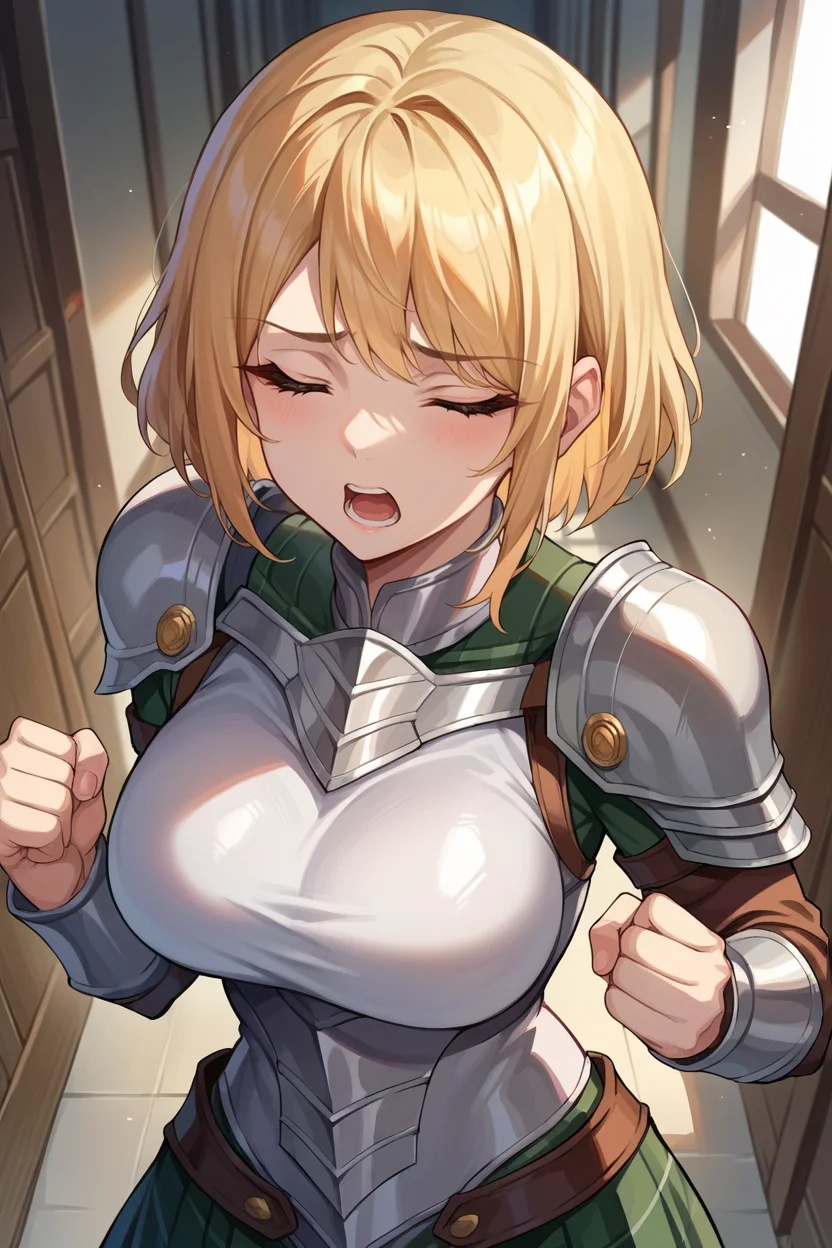 score_9, score_8_up, score_7_up, score_6_up, source_anime BREAK 1girl <lora:ashleygraham-pdxl-nvwls-v1-000005:1> reAshley, bangs, (big breasts:0.5), suit of armor, armor, full armor, hallway, looking at viewer, closed eyes, open mouth, scared, clenched hands