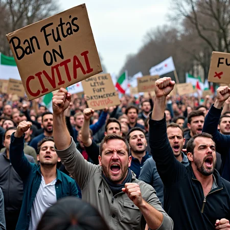 The image depicts a large, angry crowd gathered in protest. The scene is filled with tension and fervor as people of various ages and backgrounds hold signs and banners high above their heads. The crowd's expressions are intense and determined, with many shouting or raising their fists in the air to emphasize their outrage.
Key Details:
Crowd Composition: The crowd consists of men and women of different ages and ethnicities, all united in their protest. Their clothing varies from casual wear to more formal attire, indicating that this issue has mobilized a diverse group of people.
Signs: The most prominent signs in the crowd read "Ban Futa's on CIVITAI." The signs are hand-painted, with bold, capital letters in black and red, making the message clear and forceful. Some signs are decorated with symbols or illustrations to further emphasize their point.
Atmosphere: The background suggests an urban setting, possibly in front of a significant building or public space. There are banners and flags being waved, adding to the chaotic and dynamic atmosphere. The sky is overcast, adding a somber tone to the scene, and there is a sense of movement as the crowd pushes forward.
Expressions: The people in the crowd display a range of emotions from anger and frustration to determination. Faces are flushed, mouths open in mid-shout, and eyes focused intensely on their goal.
The overall image captures the intensity and urgency of the protest, highlighting the collective passion and unified stance of the crowd against the specified issue on CIVITAI