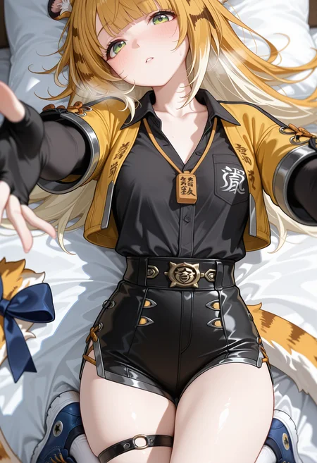 1girl,solo,Ju_Fufu, animal ear fluff, animal ears, tiger girl, tiger tail, green eyes, blonde hair, long hair, tail ornament, tail bow, blue bow, multicolored hair, colored inner hair, blunt bangs, black shorts, fingerless gloves, short shorts, yellow jacket, collared shirt, short sleeves, cropped jacket, thigh strap, black shirt, high-waist shorts, open jacket, shirt tucked in,  sleeves past wrists,looking_at_viewer, (upper_body:1.3), on back, evening, on bed, on back, heavy breathing, collarbone, partially_unbuttoned shirt, blush, reaching_towards_viewer, close up neck, collarbone focus,
masterpiece,best quality,amazing quality,very awa,absurdres,newest,very aesthetic,depth of field,highres,