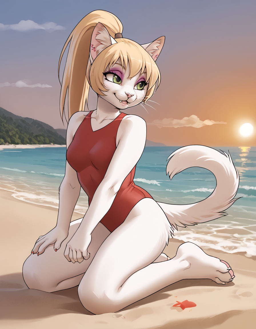 outdoors,beach,sunset,
full body,smile,long eyelashes,parted lips,
swimsuit,pose,
<lora:Alisa_v01_PDXL:1>,Alisa,1girl,solo,furry female,cat girl,green eyes,eyeshadow,animal ears,long hair,blonde hair,ponytail,cat tail,animal nose,body fur,white fur,snout,whiskers,fangs,