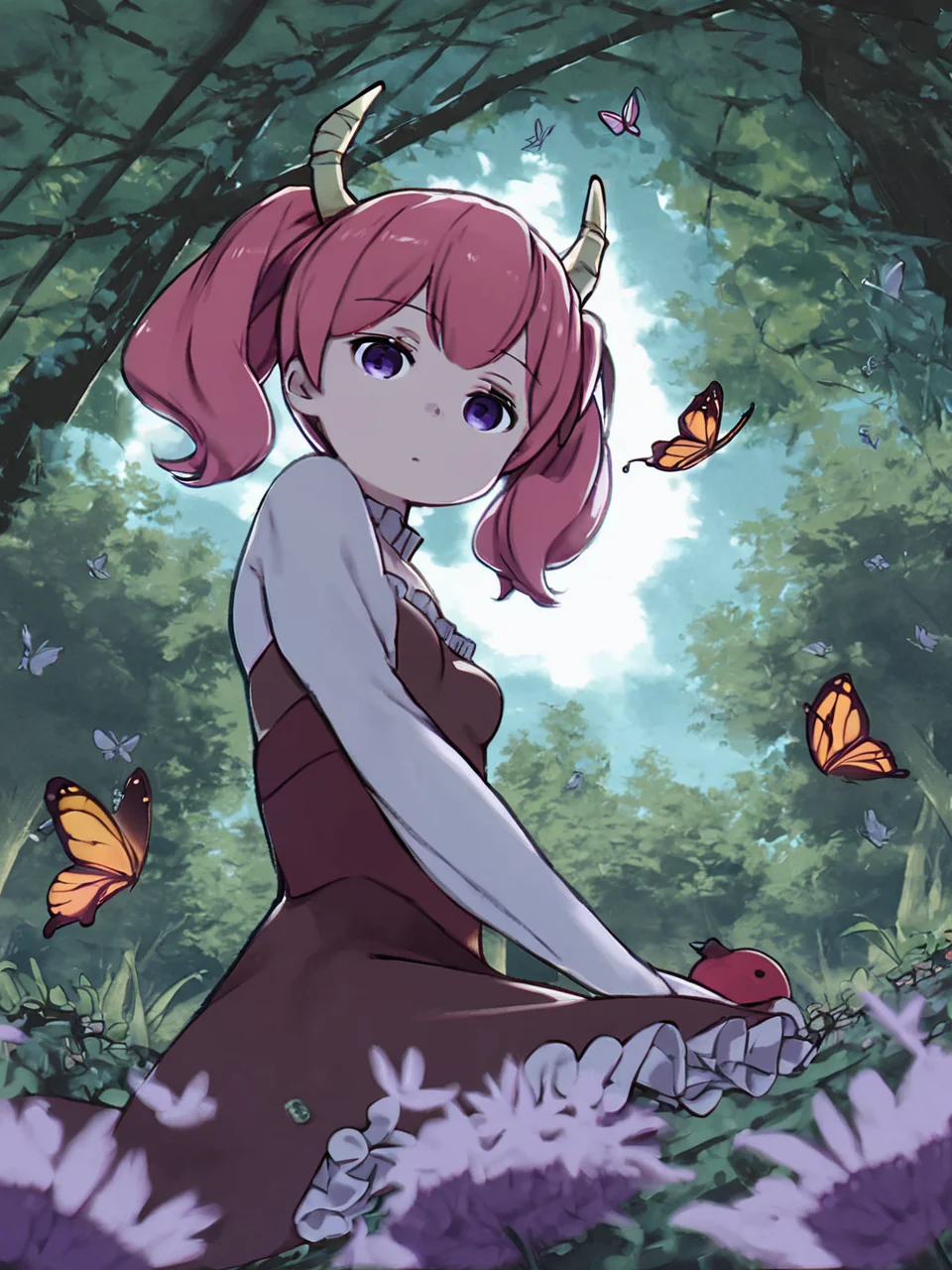 (sitting:1.2), looking at viewer, from below, (side view:0.7), solo,
Linie, 1girl, brown dress, (long white sleeves:1.1), frilled dress,
horns, pink hair, short twintails, purple eyes, small breasts,
expressionless,
grass, sun, flowers, trees, butterfly, (leaf:0.9), (apple:0.7), (mushroom:0.7), (bird nest:0.7), (fairy:0.6),
depth of field, sunbeams, bloom,
<lora:LinieXLpony003:0.9>
<lora:kuroboshi_kouhaku_PonyXL_style_v01:1.0>, score_9, score_8_up, score_7_up,, rating_questionable