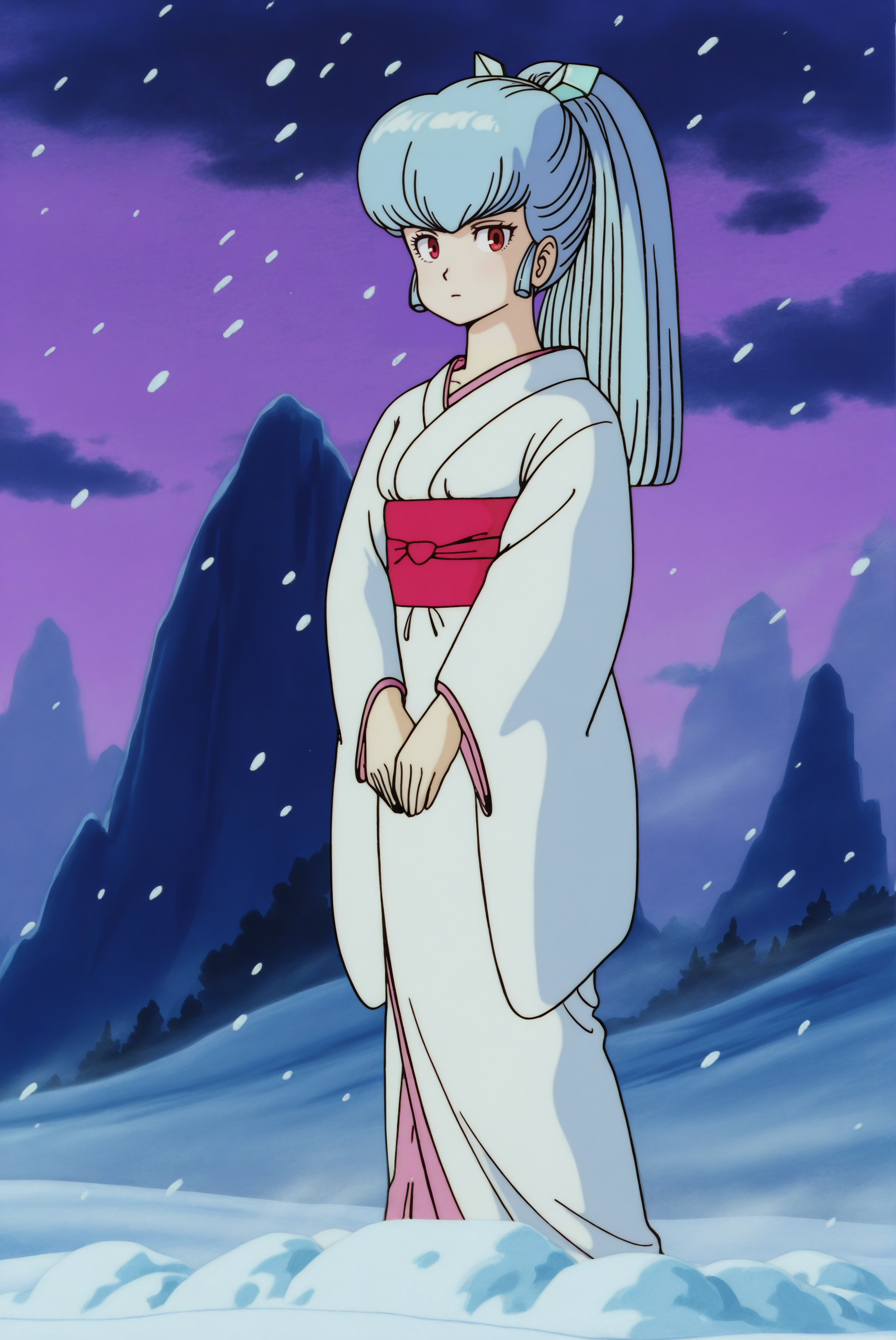 <lora:Oyuki_(1981):0.8> oyuki, long hair, light blue hair, high ponytail, bangs, hair ornament, red eyes, retro artstyle, 1980s (style), long sleeves, japanese clothes, kimono, sash, obi, white kimono, 
expressionless, full body, looking at viewer, (1girl:2, solo:2), 
masterpiece, best quality, very aesthetic, absurdres, amazing quality masterpiece, hyper-detailed, (8k uhd::1.4), intense atmosphere, detailed clothing, dramatic lighting, (perfect hands), detailed face, 
<lora:DragonBall-Illustrious:1> drgbl
wind, blizzard, snowing, yuki onna, snow field, outdoors,