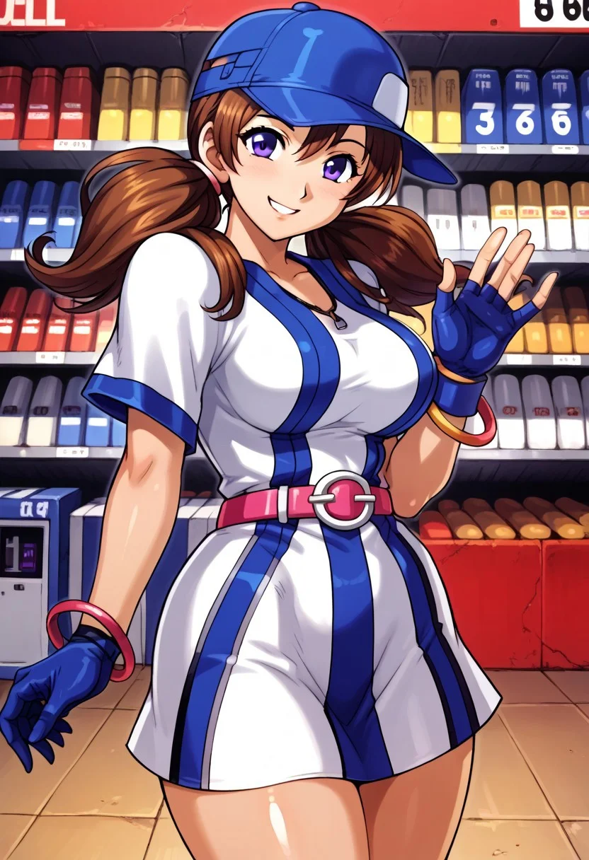 score_9, score_8_up, score_7_up,BREAK source_anime,video game store background,,shiny_clothes,shiny_skin, fingers, detailed hands,alone,large breast,smile,masterpiece,mogudan,, perfect body, perfect face, perfect_eyes,perfect_hands,detailed hands,fingers,shiny_clothes,shiny_skin,best quality,amazing quality,very aesthetic,AiNeogeo,long hair,pigtails,brown hair,purple eyes,jewelry,bracelet, blue baseball hat,baseball uniform,short dress,belt,blue fingerles gloves,handheld game console,hand on holding handheld game console