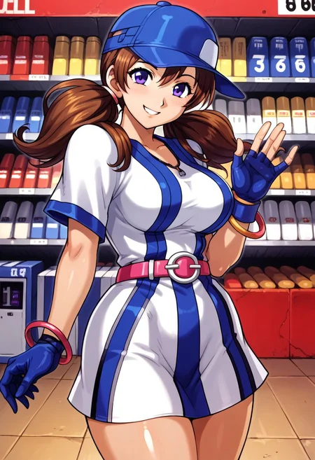 score_9, score_8_up, score_7_up,BREAK source_anime,video game store background,,shiny_clothes,shiny_skin, fingers, detailed hands,alone,large breast,smile,masterpiece,mogudan,, perfect body, perfect face, perfect_eyes,perfect_hands,detailed hands,fingers,shiny_clothes,shiny_skin,best quality,amazing quality,very aesthetic,AiNeogeo,long hair,pigtails,brown hair,purple eyes,jewelry,bracelet, blue baseball hat,baseball uniform,short dress,belt,blue fingerles gloves,handheld game console,hand on holding handheld game console