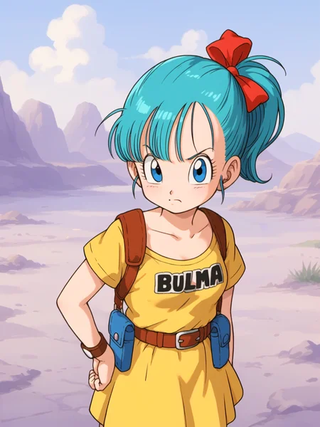 score_9, score_8_up, score_7_up, score_6_up, score_5_up, score_4_up,source_anime,
(small breasts:1.4), 
bulma \(dragonball\), aqua hair, eyebrows, blue eyes, long hair,one side up, 
(upper body:1.2), 
1girl, cute, angry, looking at viewer, hands on hip,
green_legwear, clothes writing, yellow dress,  ribbon, hair ribbon, boots, bag, watch, wristwatch, holster, holstered weapon, Belts, Pouches
outdoors, wilderness,
,  (child girl,chibi girl:0.5),
,  <lora:bulma_pony_v1:0.5> <lora:Dragon_Ball_Background_Pony_XL:0.5>