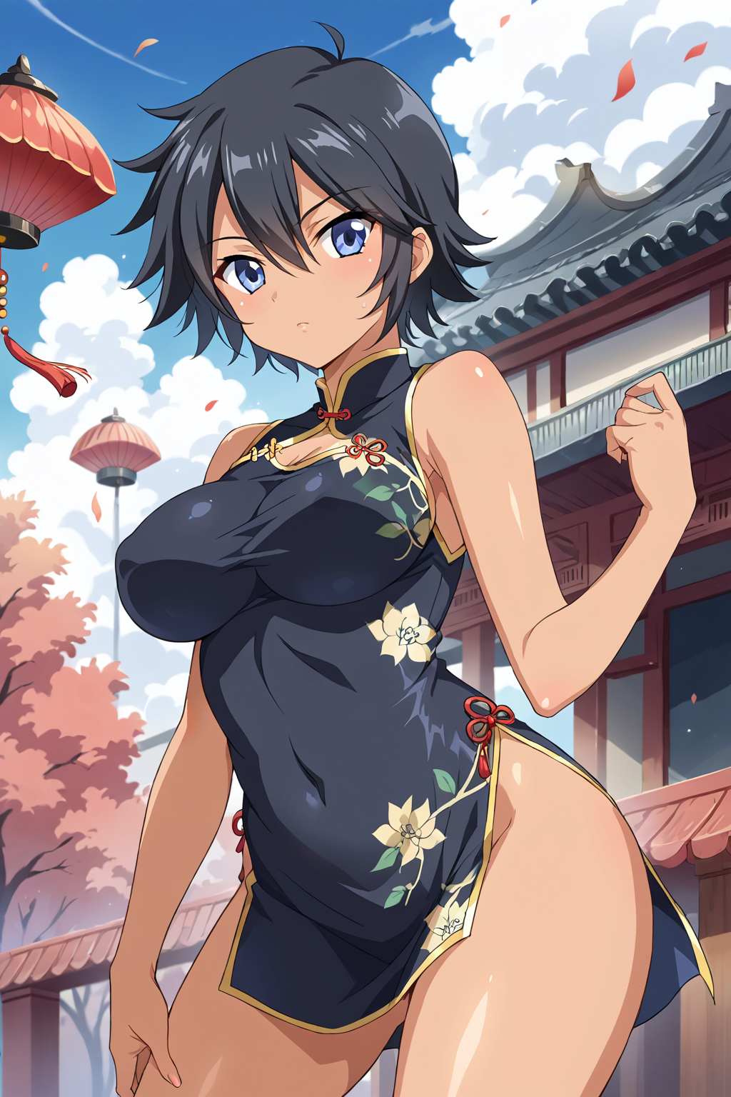 score_9, score_8_up, score_7_up, BREAK source_anime, masterpiece, anime screencap, shiny skin, 
1girl, solo,  ukitsu, short hair, black hair, hair between eyes, ahoge, blue eyes, large breasts, dark-skinned female, <lora:ukitsu_pony:0.7>
china dress, side slit,