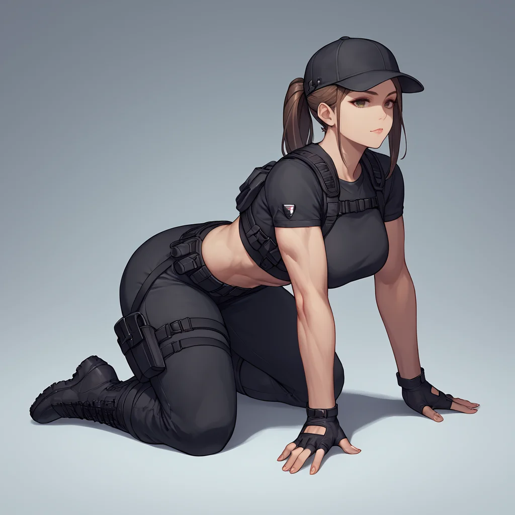 <lyco:SyMix_Pony_v05a02:1>, score_9, score_8_up, score_8, solo, 1 woman, adult, long brown hair, athletic, thick thighs, sexy, seductive, flirty, short sleeve black top, midriff, low rise black pants, black tactical belt, black fingerless gloves, ponytail, black baseball hat, high aesthetic, on all fours, <lora:add-detail-xl:1>, tactical boots