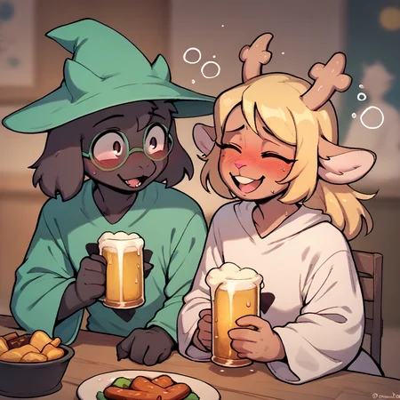 score_9 score_8_up score_7_up score_6_up score_5_up score_4_up 1boy 1girl ralseiblack ralsei black fur goat boy green hat noelle holiday deer girl blonde hair white robe beer drunk bar table <lora:Ralsei B-W:0.8> <lora:Noelle_Deltarune_PDXL:0.8>